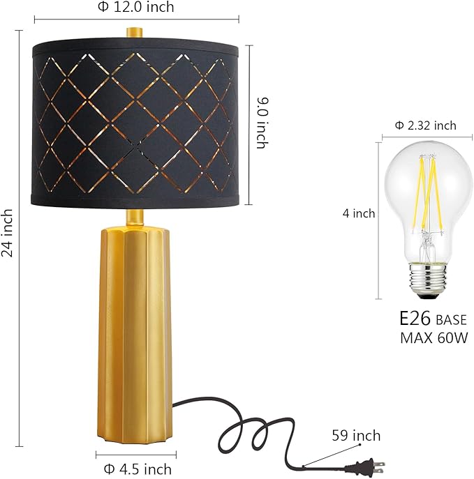 RORIANO Set of 2 Modern Table Lamps for Living Room Bedroom, Gold Nightstand Resin Lamps with Black Grid Shade, Contemporary Desk Lamps for Bedside End Tables, 2 Bulbs Included (Gold)