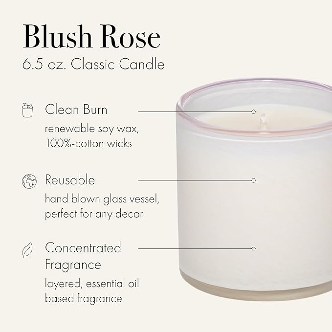 LAFCO New York Classic Candle, Blush Rose - 6.5 oz - 50-Hour Burn Time - Reusable, Hand Blown Glass Vessel - Made in The USA