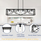 TODOLUZ 6-Lights Farmhouse Chandelier Black Dining Room Light Fixtures, 45.28" Contemporary Rectangle Kitchen Island Lighting with Clear Glass Shade