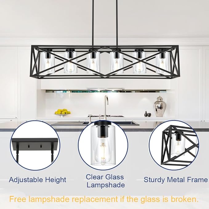 TODOLUZ 6-Lights Farmhouse Chandelier Black Dining Room Light Fixtures, 45.28" Contemporary Rectangle Kitchen Island Lighting with Clear Glass Shade
