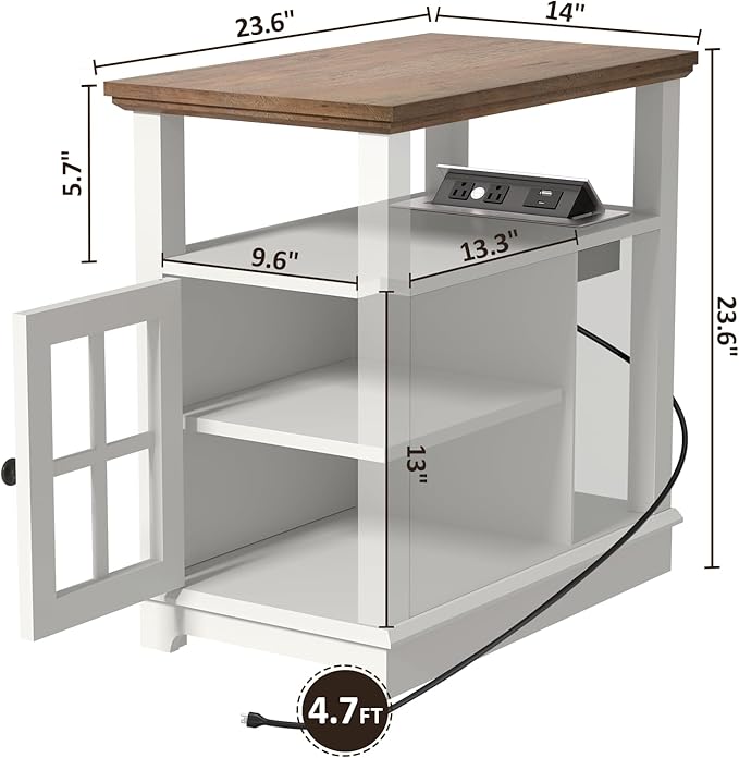 HIFYOBRO Narrow End Table with Flip Top Charging Station, Storage Side Table, Type-C & USB Port & Adjustable Shelf, White End Table Living Room & Bedroom Nightstand
