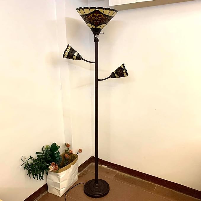 Bieye L10868 Tiffany Style Stained Glass 3-Light Torchiere Floor Lamp with Sidelights for Reading, 70-inches Tall (Baroque, Red)
