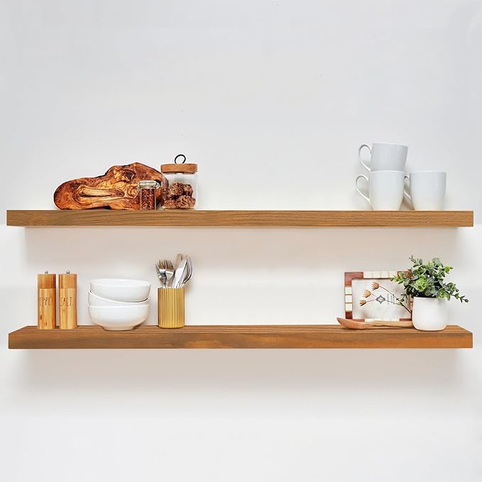 Homeforia 48 inch Golden Oak Floating Shelf, High End Solid Real Wood 48inch Small Floating Shelves for Wall Mounted, Oak Wooden 48in Floating Shelves, Heavy Duty Bracket, 48 X 6.5 X 1.75 in, Set of 2