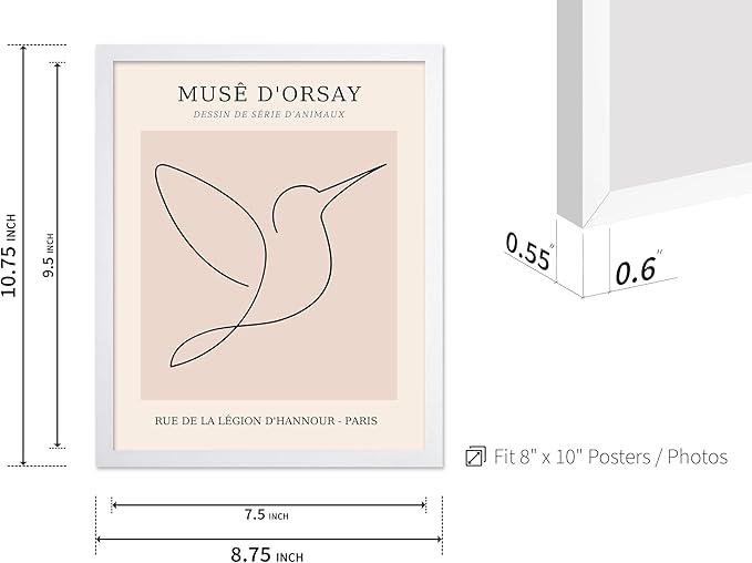 Poster Master Vintage Poster - Retro One Line Hummingbird Drawing Print - Bird Line Art - Minimal Gift for Him, Her, Animal Lover - Abstract Decor for Home, Office, 8x10 White Framed