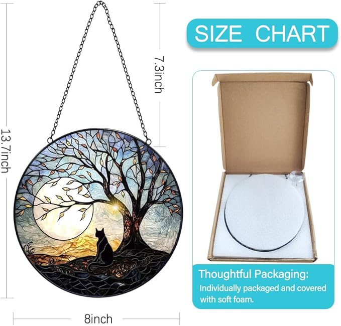 Cat with Tree of Life Suncatcher Stained Glass Window Hanging - 8” Stained Glass Suncatchers for Windows - Sun Catchers Indoor Window Catcher with Hooks and Chain - Birthday Gifts for Mom Grandma