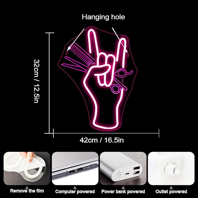 WLHOPE Salon Hand Neon Signs for Wall Decor Adjustable LED Lights Decorations for Haircut Barber Shop Salon Studio, Get Your Business Seen Day or Night