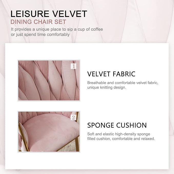 Nrizc Woven Dining Chairs Set of 6, Velvet Upholstered Dining Chairs with Gold Metal Legs, Modern Accent Chairs for Living Room, Dining Room, Kitchen (Pink)