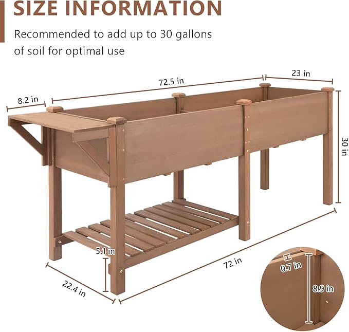 Raised Garden Bed with Legs Outdoor,Elevated Garden Box,Storage Shelf, Protective Liner for Backyard,Patio,Balcony,80x23x30in (Brown)