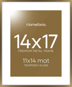 Homeforia 14x17 Picture Frame Bronze, High End Metal 14x17 Brass Poster Frames with Mat 11x14 for Photo, 14 x 17 Frame Matted to 11 by 14 Print, 17x14 Hanging Frame, Tempered Glass, Wall Kit, Set of 1