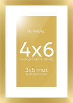 Homeforia 4x6 Picture Frame Gold, High End Metal 4 x 6 Gold Frames with Mat 3 x 5 for Print, 4by6 Desk Frame Matted to 3x5 inch Photo, 4 by 6 Wall or Tabletop Frame, Tempered Glass, Wall Kit, Set of 1