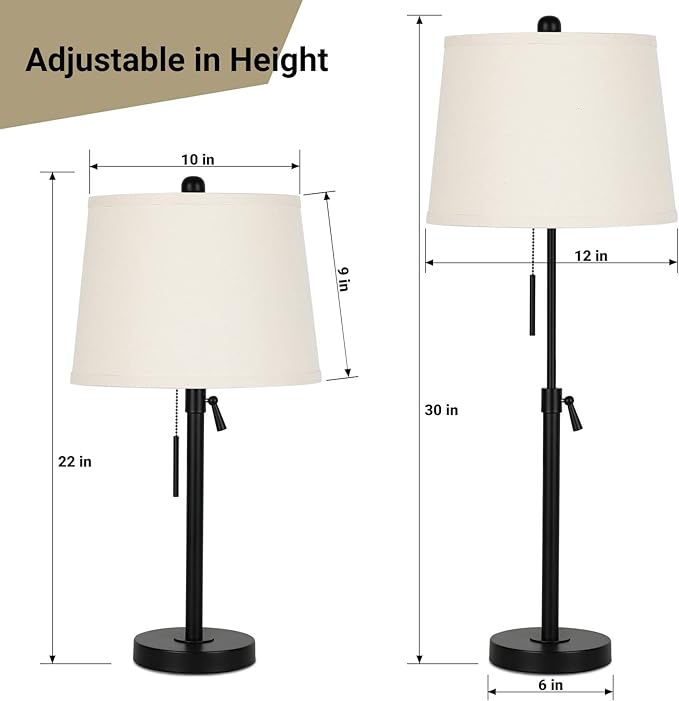 Bedside Table Lamps Set of 2: Tall Black Table Lamps for Living Room End Table | Height Adjustable 3-Way Dimmable Nightstand Lamp with Pull Chain Switch Modern Lamps for Bedroom Office(Bulbs Included)
