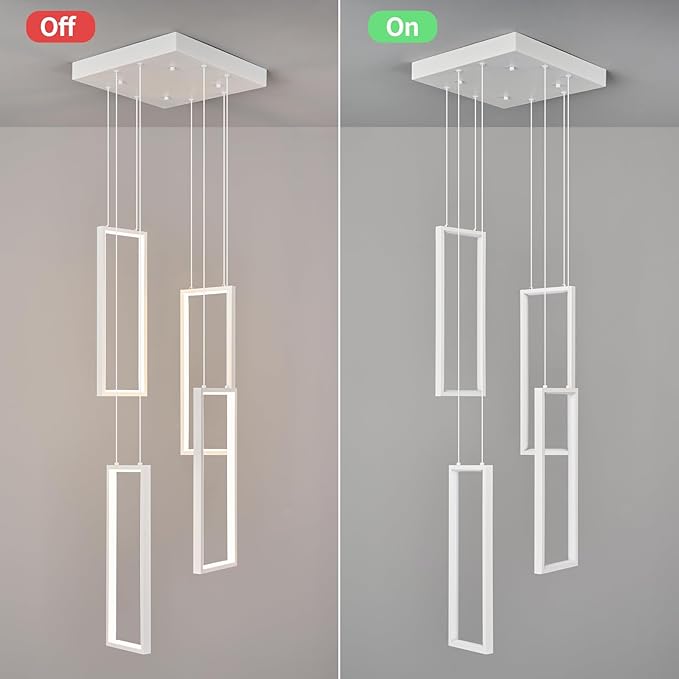 Modern Kitchen Island Dimmable Pendant Light Fixture White 54W LED Pendant Lights 4 Rings Rectangular Chandelier Staircase Large Chandelier Lobby Living Room Foyer High Ceiling Chandeliers