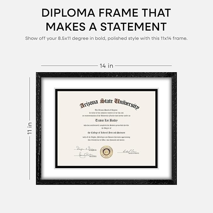 Homeforia 11x14 Diploma Frame Black Wood, High End Black Oak 11 x 14 Certificate Frames with Mat 8.5x11, 14x11 Wooden Document Matted Frame, Award Graduation Frames, Tempered Glass, Wall Kit, Set of 1