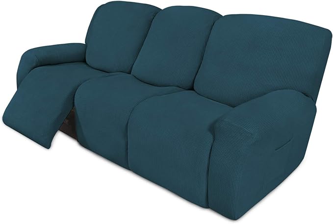Easy-Going 8 Pieces Recliner Sofa Stretch Sofa Slipcover Sofa Cover Furniture Protector Couch Soft with Elastic Bottom Kids, Spandex Jacquard Fabric Small Checks Deep Teal
