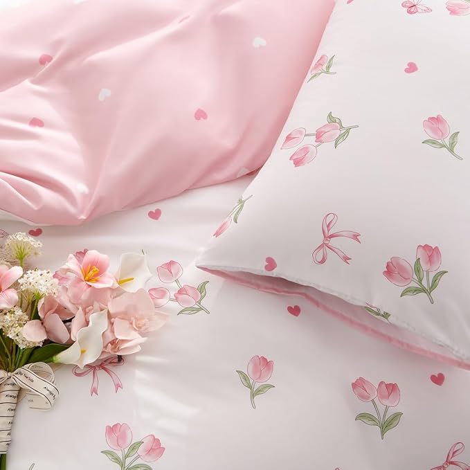 Floral Comforter Set King Size - 3 Pieces Pink White Floral Tulips Bow Comforter Bedding Sets Reversible Pattern,King Bed in a Bag with Flowers Comforter and 2 Pillowcases