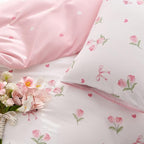 Floral Comforter Set King Size - 3 Pieces Pink White Floral Tulips Bow Comforter Bedding Sets Reversible Pattern,King Bed in a Bag with Flowers Comforter and 2 Pillowcases