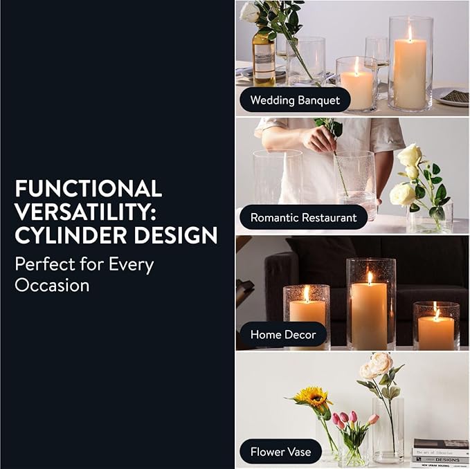 ELIXIR GLASSWARE Glass Candle Holder - Large Hand Blown Bubble Hurricane Pillar Candle Holders - Perfect for Centerpiece or Vase - Clear Hurricanes for Tall Candles - Set of 3