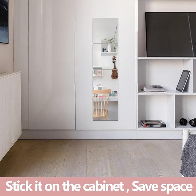 Unbreakable Wall Mirror Full Length,Over the Door Mirror for Bedroom,4Pcs 10inchx10inch Acrylic Mirror Kids,Shatterproof Plexiglass Long Mirrors,Children Non Glass Stick on Mirrors Tiles self adhesive