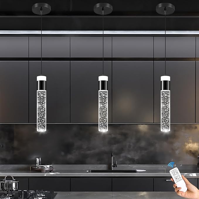 Modern Mini Crystal Pendant Light for Kitchen Island Bedroom Bedside Hanging Ceiling Lamp with Crystal Bubble Column, LED Dimmable 3000k-6000k Independent 1-Light Black