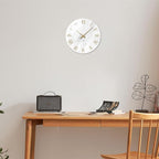 Round Marble Battery Wall Clock Modern 14 Inch White Minimalist Wall Clock for Kitchen Quartz Glass Slient Clock for Wall