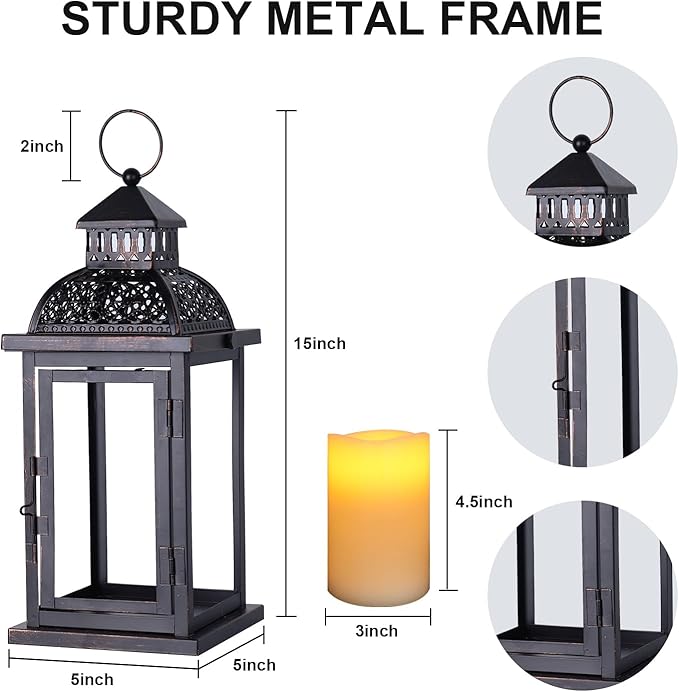 NEEDOMO Lanterns Decorative Indoor & Outdoor, 15'' Lantern with LED Candle, Vintage Metal Hanging Lanterns for Patio, Front Porch,Yard, Table, Spring (NO Glass)