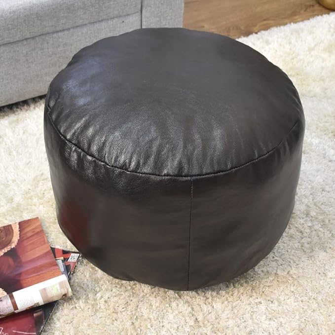 PF12 Round Shaped Goat Leather Handmade Eco-Friendly Chocolate Brown Pouf - 21" x 21" x 12", Plain Solid, Recycled Cotton Filled