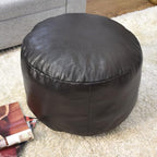 PF12 Round Shaped Goat Leather Handmade Eco-Friendly Chocolate Brown Pouf - 21" x 21" x 12", Plain Solid, Recycled Cotton Filled