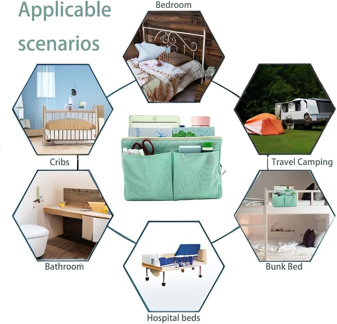 2-Pack Bedside Caddy Bedside Hanging Storage Basket Multi-Function Organizer Caddy for Bunk and Hospital Beds Dorm Rooms Bed Rails, Can be Placed Glasses Books Mobile Phones（2pcs Green）