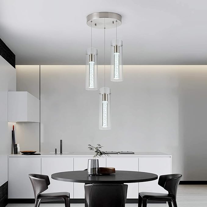 Kitchen Lighting Pendant Fixtures 3-Light LED Pendant Ceiling Fixture Brushed Nickel Bubble Cylinder Pendant Light with Adjustable Length for Kitchen Island Dinning Room Bedroom