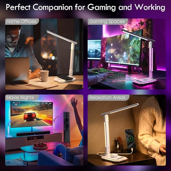 WILIT Desk Lamp for College Dorm Room,Sound Reactive RGB Lamp, Gamer Room Decor, Table Lamp with Wireless Charger&USB Charging Port,Touch Control Lamp,LED Reading Lamp for Home Office,Men Gifts