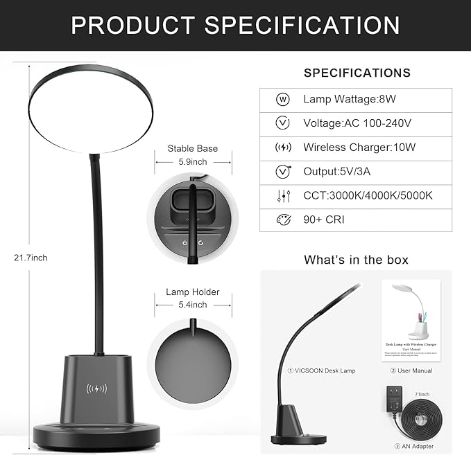 Desk Lamp with Wireless Charger, LED Desk Lamp for Home Office with Pen Holder, Dimmable Eye-Caring Study Desk Light Flexible Arm 3 Color Modes for College Dorm, 800 Lumens CRI 90