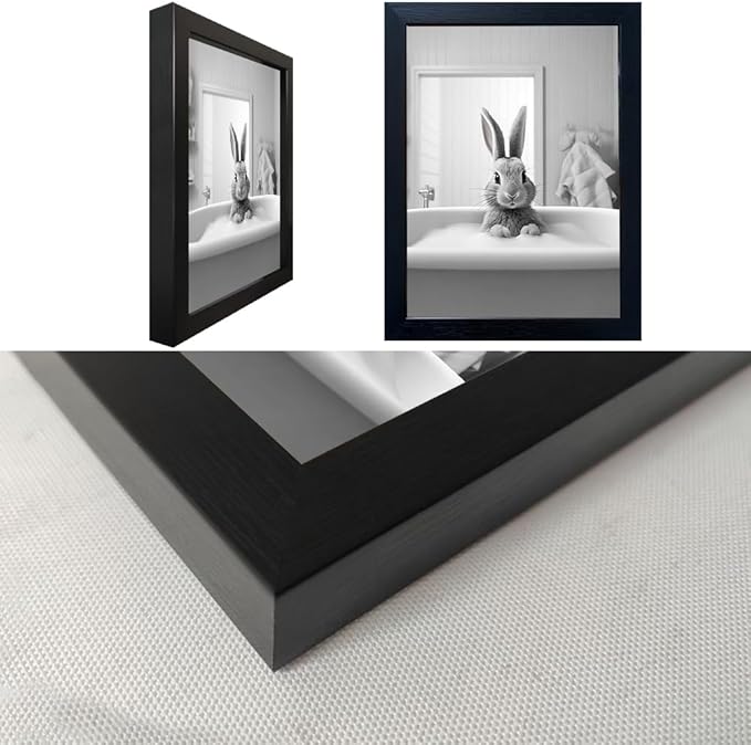 Funny Kids Bathroom Wall Decor, Black and White Cute Animal Canvas Wall Art, Black Framed Rabbit in Bathtub Farmhouse Picture Wall Decor Print Artworks for Bathroom