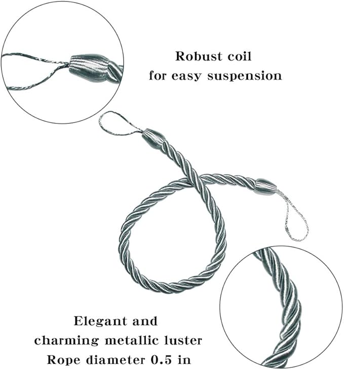 BEL AVENIR Curtain Rope Tiebacks, Drapery Rope Holdbacks with 4 Metal Screw Hooks (Light Blue-4 Pack)