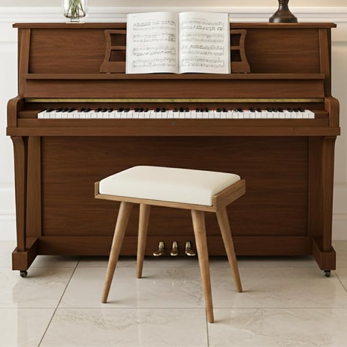 Walnut Ottoman Stool for Living Room | Upholstered in Cream Pattern Fabric | Versatile as a Piano Bench | Ideal Bedroom Bench | Functional Footstool Bench