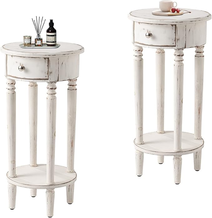 HOMPUS Farmhouse End Table Set of 2, Rustic Vintage Night Stand Set 2, Small White End Table with Drawer, Fully Assembled Narrow Wood Nightstand, Accent Bedside Table for Bedroom, Distressed off-white