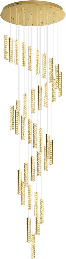 Large Spiral Stair Chandeliers for High Ceilings Long Crystal Chandelier for Foyer LED Dimmable 36-Light Gold 150 Inches High