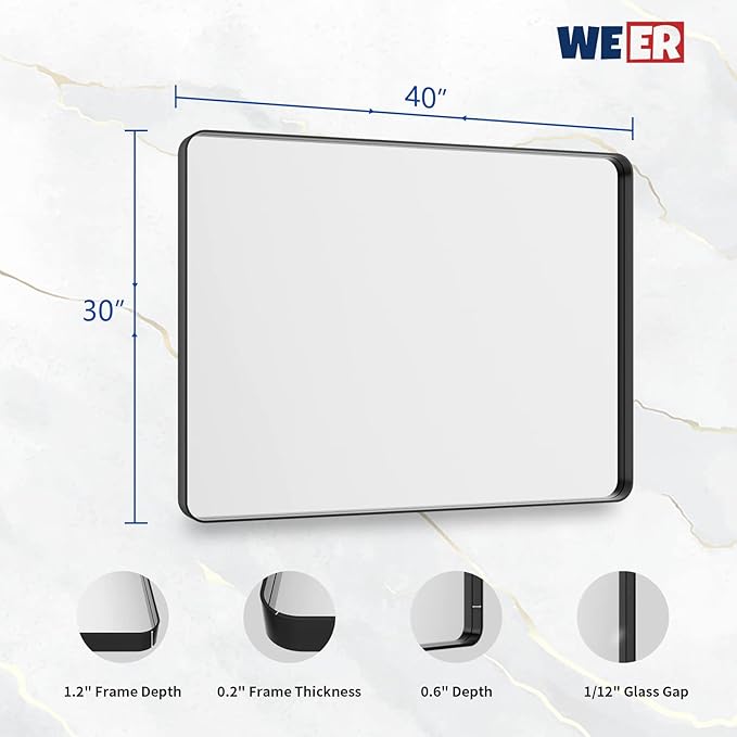 WEER Black Bathroom Mirror for Wall 40X30 Inch, Rectangular Black Metal Framed Vanity Mirror, Farmhouse Bathroom Mirror with Tempered Glass, Rounded Corner, Anti-Rust (Horizontal/Vertical)