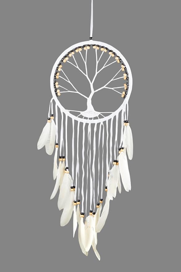 OMA Dream Catcher, Tree of Life Design with Feathers and Beads, White Suede Authentic Traditional Dream Catcher Boho Home Decor Bedroom Decoration Gift - Large Size - 36" Long x 11" Diameter (Black)