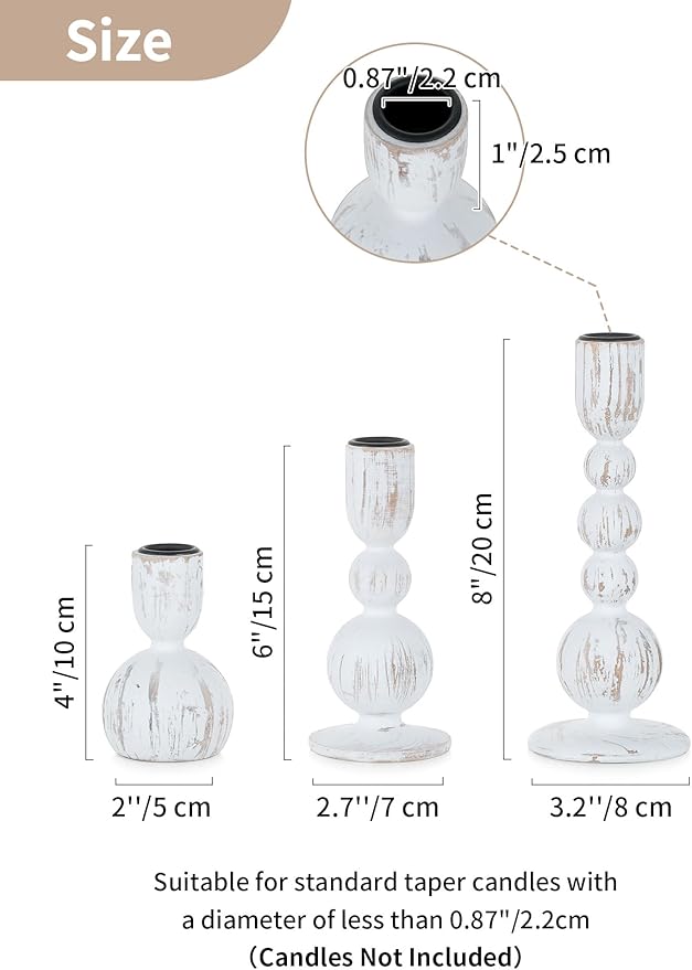 NUPTIO Taper Candle Holders Decor: Set of 3 Wooden Candlestick Holders Mantel Decor - Boho Farmhouse Rustic White