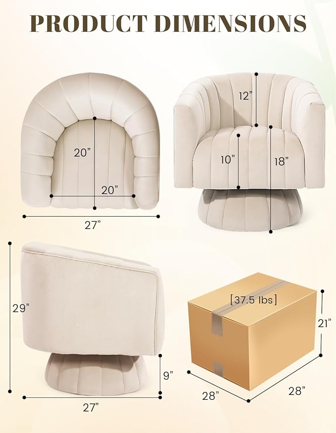 Kromax Swivel Accent Chair with Armrest, Mid Century 360 Degree Swivel Barrel Chair Overstuffed Tufted Velvet, Ideal for Living Room, Bedroom, Reading Room, Beige