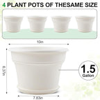 10 Inch Plastic-Flower-Pot-for-Indoor-Plants, 4 Pack Large Outdoor Planter Pot with Drainage Holes & Saucers, Resin Decorative Garden Pots Planters