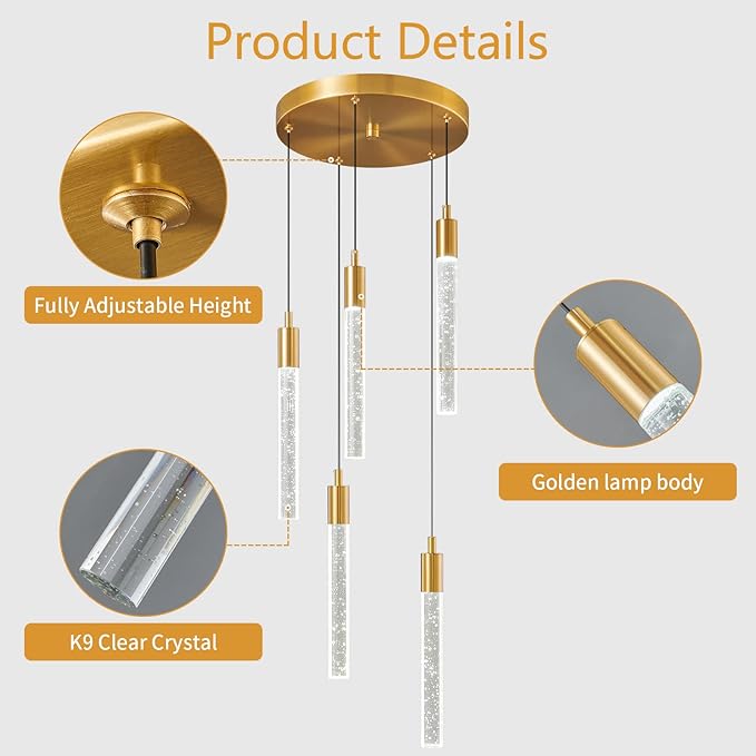 Modern Light Fixture Kitchen Island Pendant Light Dimmable LED Gold Pendant Lights Mini Crystal Pendant Lighting for Bedroom Dining Room Living Room（5-Light ）