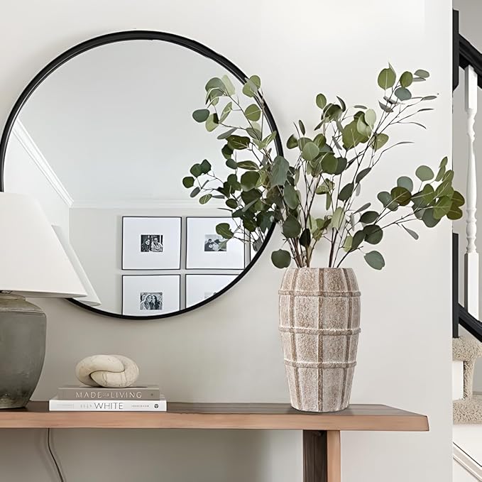 Briful Rustic Terracotta Flower Vase for Home Decor – 9" Brown Farmhouse Textured Barrel-Style Ceramic Vase Vintage Handcrafted Gridded Design for Faux & Dried Flowers Living Room Table Centerpiece