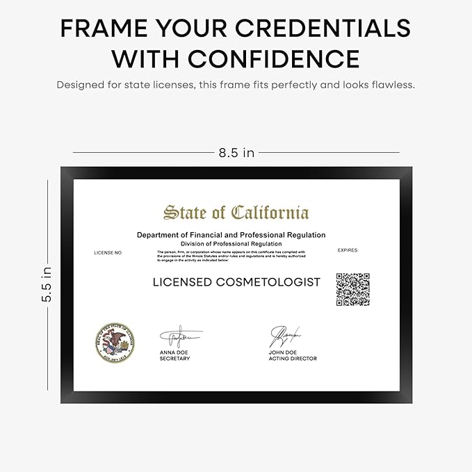 Homeforia 5.5 x 8.5 Business License Frame Black, High End Metal 5.5x8.5 Certificate Frames, 8.5x5.5 Document Frames for Wall or Tabletop, 5.5 by 8.5 Picture Frames, Tempered Glass, Wall Kit, Set of 1