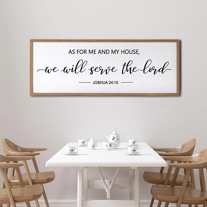 As For Me And My House We Will Serve The Lord Framed Wall Art, 32''×12'' Horizontal Positive Religious Rustic Bible Verse, Vintage Holy Catholic Scripture Decor for Christian God Jesus Christ Prayer