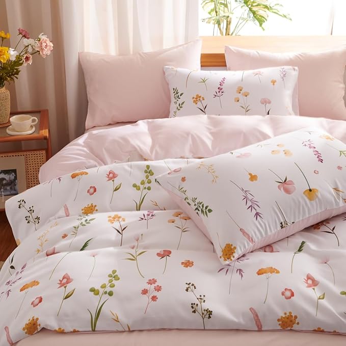 Floral Comforter Set King Size - 3 Pieces Pink White Floral Comforter Bedding Sets Reversible Pattern,King Size Back to School Comforter with Flowers Patterned and 2 Pillowcases