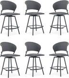VICLLAX Patio Bar Stool Chairs with Footrests and Padded Seat, Bar Height Swivel Patio Chairs Set of 6, Woven Wicker Swivel Bar Stools for Lawn Garden, Grey