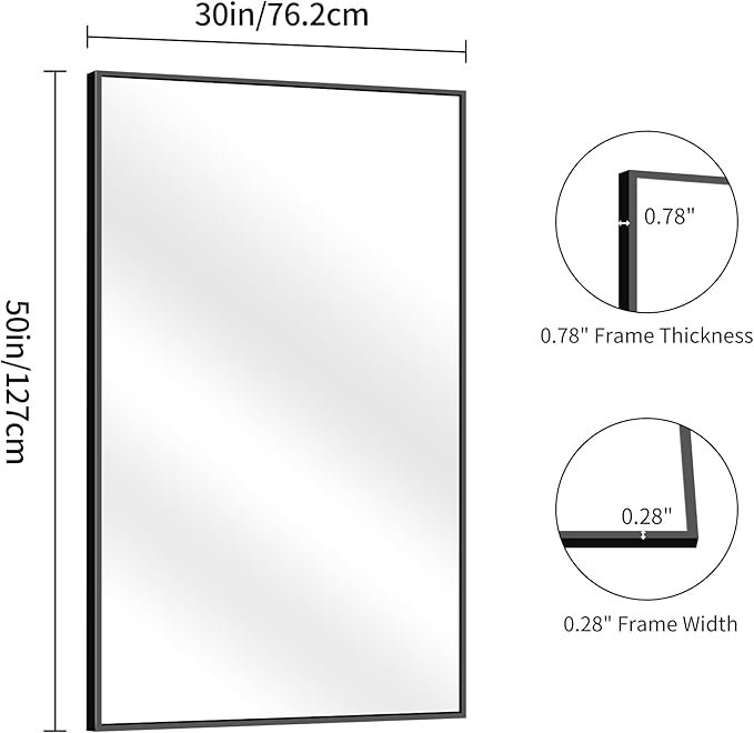 YIROMAN Bathroom Mirror 50"x30", Large Matte Black Bathroom Mirror for Over Sink with Aluminum Frame, Rectangular Vanity Mirror with Right Angle, Wall Mirror Hangs Horizontal or Vertical, Shatterproof
