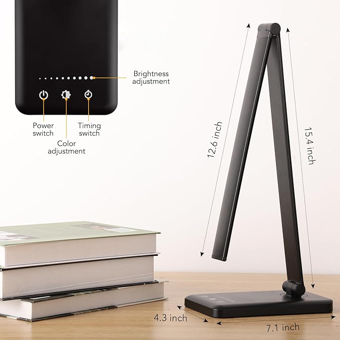 Led Desk Lamp, Desk Lamp with USB Charging Port, 5 Color Modes, 10 Brightness, Natural Light, Eye Caring Reading Lamp, Desk Light for Home Office, Table Lamp, Touch Control, Auto-Timer, Black