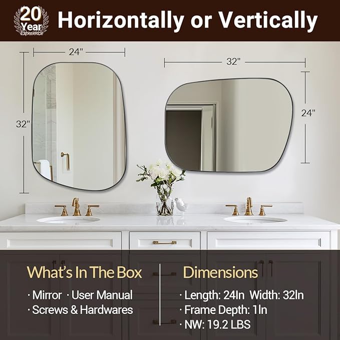 ANDY STAR Brushed Nickel Mirror, 24"x32" Silver Asymmetrical Wall Mirror for Bathroom, Unique Irregular Design with SUS304 Stainless Steel Metal Frame, Ideal for Bathroom, Bedroom, Entryway